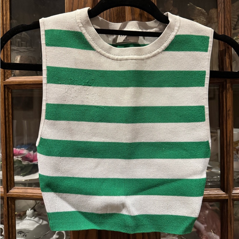 Babaton Women Green and White Striped Knit Tank Top